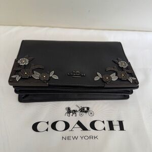 Coach Callie Foldover Chain Clutch with Tea Rose Metallic graphite embellishment